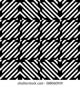 Vector seamless pattern. Decorative element, design template with diagonal striped black and white lines. Background, texture with mechanical geometry. Structural industrial tiles for lattice, grille