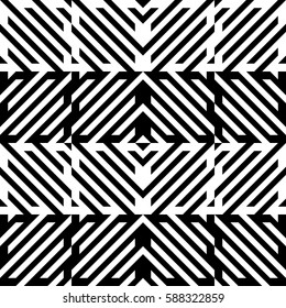 Vector seamless pattern. Decorative element, design template with diagonal striped black and white lines. Background, texture with mechanical geometry. Structural industrial tiles for lattice, grille