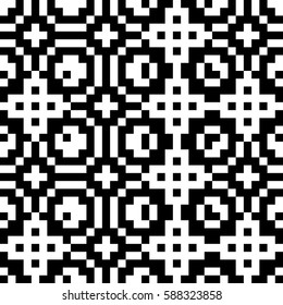 Vector seamless pattern. Decorative element, design template with ethnic black white motifs. Background, texture with traditional handicraft. Fabric tracery swatch for cloth, jersey, plaid, tapestry.