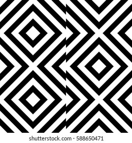 Vector seamless pattern. Decorative element, design template with striped black white diagonal inclined line. Background, texture with optical illusion. Futuristic decoration for card textile parquet