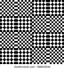 Vector seamless pattern. Decorative element, design template with black white squares and rhombuses. Background, texture with op art effect. Halftone dots for card, tile, web cover, print, badge.