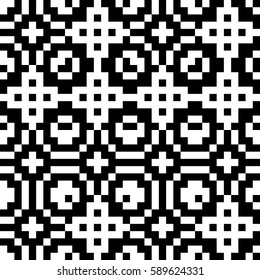 Vector seamless pattern. Decorative element, design template with ethnic black white motifs. Background, texture with traditional handicraft. Fabric tracery swatch for cloth, jersey, plaid, tapestry.