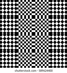 Vector seamless pattern. Decorative element, design template with black white squares and rhombuses. Background, texture with op art effect. Halftone dots for card, tile, web cover, print, badge.