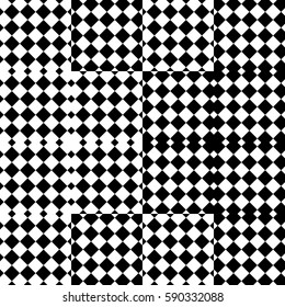 Vector seamless pattern. Decorative element, design template with black white squares and rhombuses. Background, texture with op art effect. Halftone dots for card, tile, web cover, print, badge.