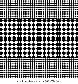 Vector seamless pattern. Decorative element, design template with black white squares and rhombuses. Background, texture with optical illusion effect. Fabric textile tartan in op art style.