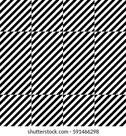 Vector seamless pattern. Decorative element, design template with striped black white diagonal inclined lines. Background, texture with figurative geometry. Dynamic tiles for card, app, web cover.