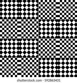 Vector seamless pattern. Decorative element, design template with black white squares and rhombuses. Background, texture with op art effect. Halftone dots for card, tile, web cover, print, badge.