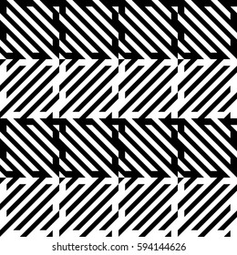 Vector seamless pattern. Decorative element, design template with diagonal striped black and white lines. Background, texture with mechanical geometry. Structural industrial tiles for lattice, grille