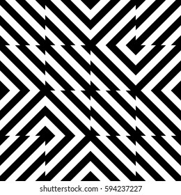 Vector seamless pattern. Decorative element, design template with striped black white diagonal inclined line. Background, texture with optical illusion. Futuristic decoration for card textile parquet