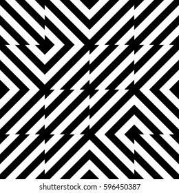 Vector seamless pattern. Decorative element, design template with striped black white diagonal inclined line. Background, texture with optical illusion. Futuristic decoration for card textile parquet