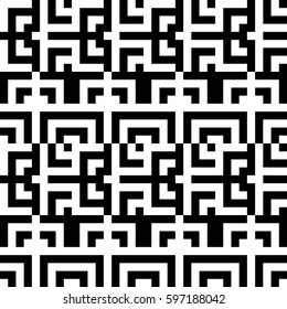 Vector seamless pattern. Decorative element, design template with striped black white lines and squares. Background, texture with abstract geometry. Structural chaotic tiles for card cover wall