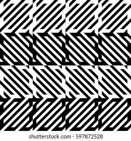 Vector seamless pattern. Decorative element, design template with diagonal striped black and white lines. Background, texture with mechanical geometry. Structural industrial tiles for lattice, grille