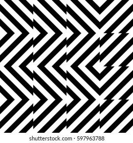 Vector seamless pattern. Decorative element, design template with striped black white diagonal inclined line. Background, texture with optical illusion. Futuristic decoration for card textile parquet