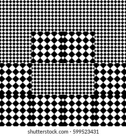 Vector seamless pattern. Decorative element, design template with black white squares and rhombuses. Background, texture with optical illusion effect. Fabric textile tartan in op art style.