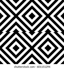 Vector seamless pattern. Decorative element, design template with striped black white diagonal inclined line. Background, texture with optical illusion. Futuristic decoration for card textile parquet