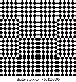 Vector seamless pattern. Decorative element, design template with black white squares and rhombuses. Background, texture with op art effect. Halftone dots for card, tile, web cover, print, badge.