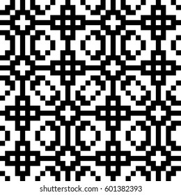 Vector seamless pattern. Decorative element, design template with ethnic black white motifs. Background, texture with traditional handicraft. Fabric tracery swatch for cloth, jersey, plaid, tapestry.