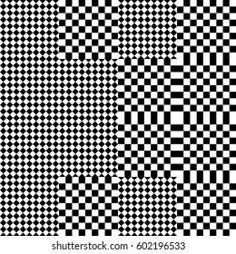 Vector seamless pattern. Decorative element, design template with black white squares and rhombuses. Background, texture with op art effect. Halftone dots for card, tile, web cover, print, badge.