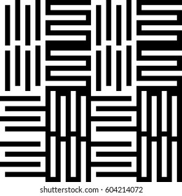 Vector seamless pattern. Decorative element, modern design template with striped curling black white lines. Background, texture with optical illusion. Checkered decoration in op art style.