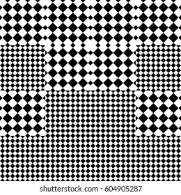 Vector seamless pattern. Decorative element, design template with black white squares and rhombuses. Background, texture with op art effect. Halftone dots for card, tile, web cover, print, badge.