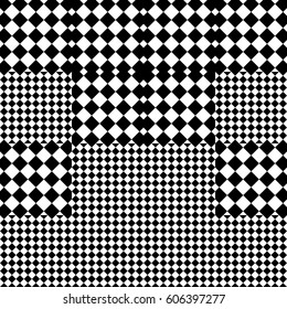 Vector seamless pattern. Decorative element, design template with black white squares and rhombuses. Background, texture with op art effect. Halftone dots for card, tile, web cover, print, badge.