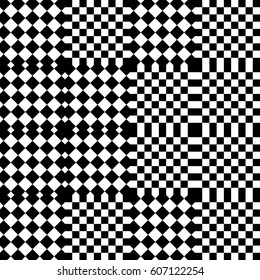 Vector seamless pattern. Decorative element, design template with black white squares and rhombuses. Background, texture with op art effect. Halftone dots for card, tile, web cover, print, badge.