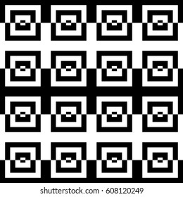 Vector seamless pattern. Decorative element, design template with striped black white lines and checked square. Background, texture with optical illusion. Alternating decoration in op art style.