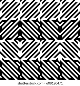 Vector seamless pattern. Decorative element, design rapport with diagonal striped black white lines. Background, texture with mechanical geometry. Structural industrial tiles for lattice, grille