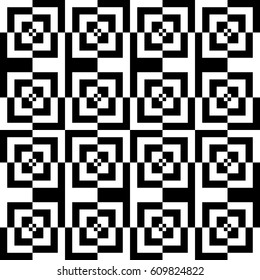 Vector seamless pattern. Decorative element, modern design template with striped black white lines and checked square. Background, texture with optical illusion. Fancy decoration in op art style.