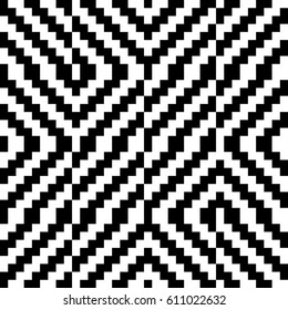 Vector seamless pattern. Decorative element, design template with black white diagonal zigzag line. Background, optical art texture with knitted woolen handicraft. Fabric, textile, tracery, swatch.