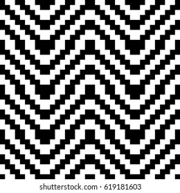 Vector seamless pattern. Decorative element, design template with black white diagonal zigzag line. Background, optical art texture with knitted woolen handicraft. Fabric, textile, tracery, swatch.