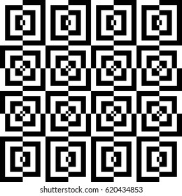 Vector seamless pattern. Decorative element, modern design template with striped black white lines and checked square. Background, texture with optical illusion. Fancy decoration in op art style.