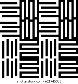 Vector seamless pattern. Decorative element, modern design template with striped curling black white lines. Background, texture with optical illusion. Checkered decoration in op art style.