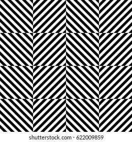 Vector seamless pattern. Decorative element, design template with striped black white diagonal inclined lines. Background, texture with figurative geometry. Dynamic tiles for card, app, web cover.