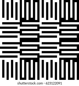 Vector seamless pattern. Decorative element, modern design template with striped curling black white lines. Background, texture with optical illusion. Checkered decoration in op art style.