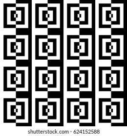 Vector seamless pattern. Decorative element, design template with striped black white lines and checked square. Background, texture with optical illusion. Alternating decoration in op art style.