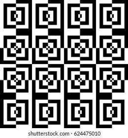 Vector seamless pattern. Decorative element, modern design template with striped black white lines and checked square. Background, texture with optical illusion. Fancy decoration in op art style.
