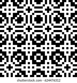 Vector seamless pattern. Decorative element, design template with ethnic black white motifs. Background, texture with traditional handicraft. Fabric tracery swatch for cloth, jersey, plaid, tapestry.
