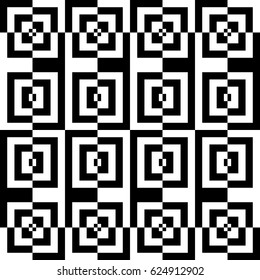Vector seamless pattern. Decorative element, modern design template with striped black white lines and checked square. Background, texture with optical illusion. Fancy decoration in op art style.