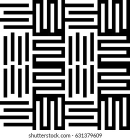 Vector seamless pattern. Decorative element, modern design template with striped curling black white lines. Background, texture with optical illusion. Checkered decoration in op art style.