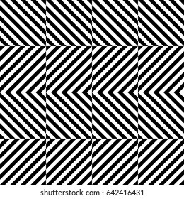 Vector seamless pattern. Decorative element, design template with striped black white diagonal inclined lines. Background, texture with figurative geometry. Dynamic tiles for card, app, web cover.