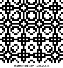 Vector seamless pattern. Decorative element, design template with ethnic black white motifs. Background, texture with traditional handicraft. Fabric tracery swatch for cloth, jersey, plaid, tapestry.