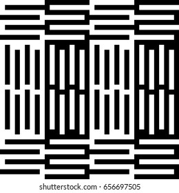 Vector seamless pattern. Decorative element, modern design template with striped curling black white lines. Background, texture with optical illusion. Checkered decoration in op art style.