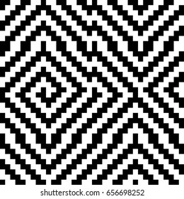 Vector seamless pattern. Decorative element, design template with black white diagonal zigzag line. Background, optical art texture with knitted woolen handicraft. Fabric, textile, tracery, swatch.