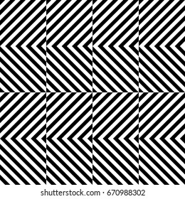 Vector seamless pattern. Decorative element, design template with striped black white diagonal inclined lines. Background, texture with figurative geometry. Dynamic tiles for card, app, web cover.