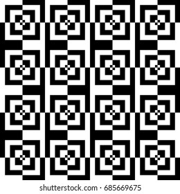 Vector seamless pattern. Decorative element, design template with striped black white lines and checked square. Background, texture with optical illusion. Alternating decoration in op art style.
