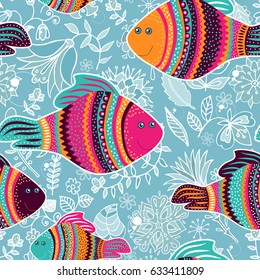 Vector seamless pattern  with decorative fishes. Colorful animal backdrop