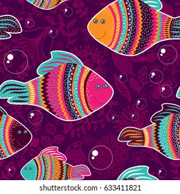 Vector seamless pattern  with decorative fishes. Colorful animal backdrop