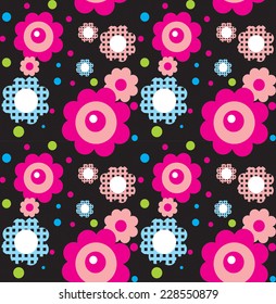Vector seamless pattern with decorative flowers and polka dots in black background