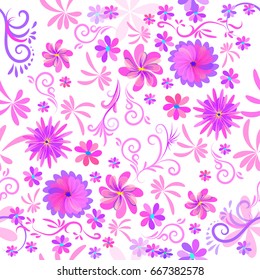 Vector seamless pattern with decorative flowers on white background. Modern coloring.